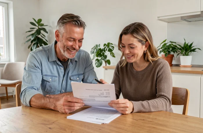 Couple de particuliers en train de signer un contrat de logement dans un appartement contemporain, illustrant une démarche immobilière fiable