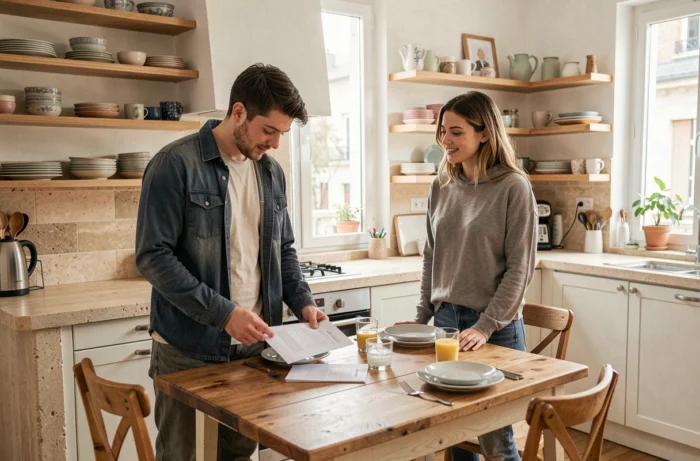 Couple visitant un appartement meublé à louer à Lyon et examinant le contrat de location