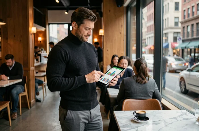 Créateur de contenu masculin analysant des statistiques de réseaux sociaux sur tablette dans un café urbain moderne