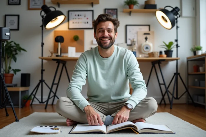 Créateur de contenu masculin dans son studio maison entouré de matériel photo, représentant l'univers professionnel de l'influence