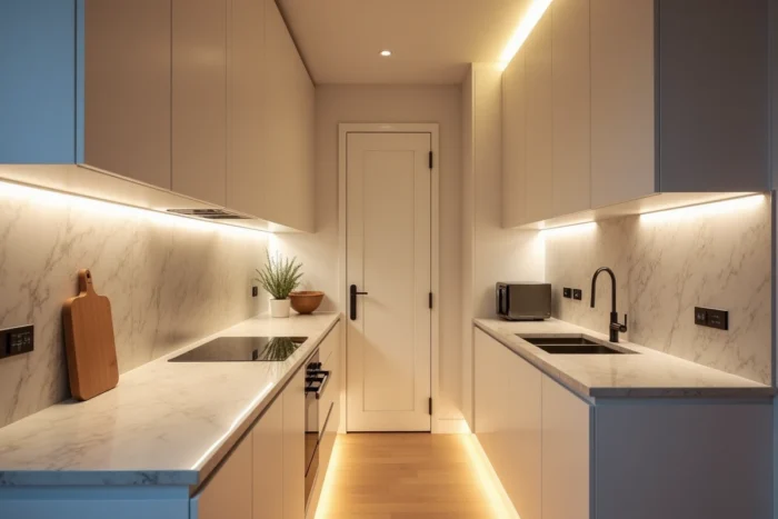 Cuisine étroite avec bandeaux LED sous les meubles hauts et en corniche, remplaçant un plafonnier central pour un éclairage périphérique discret