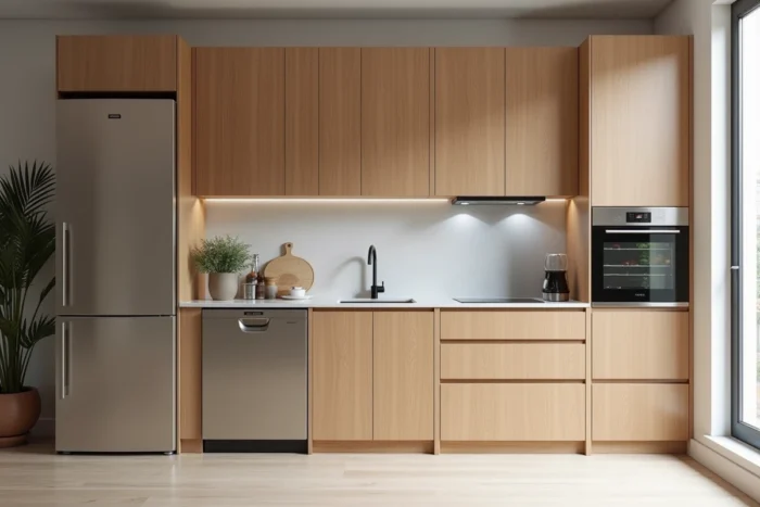 Électroménager entièrement encastré derrière des façades en chêne dans une petite cuisine, créant un mur de rangement uniforme sans interruption visuelle