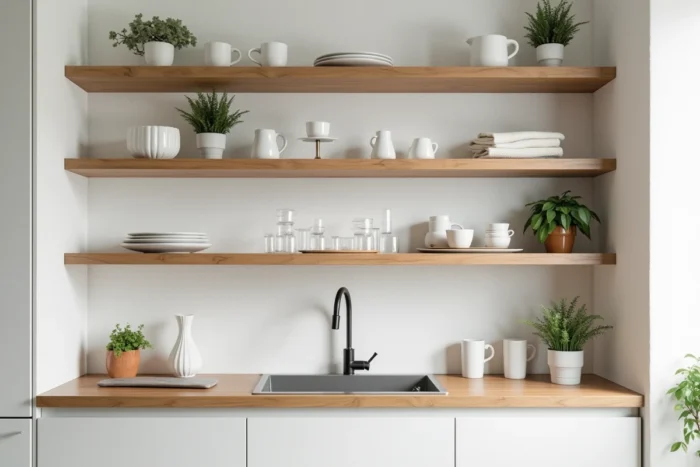 Étagères ouvertes sur un mur de cuisine avec céramiques et verres soigneusement disposés, créant une profondeur visuelle dans un petit espace