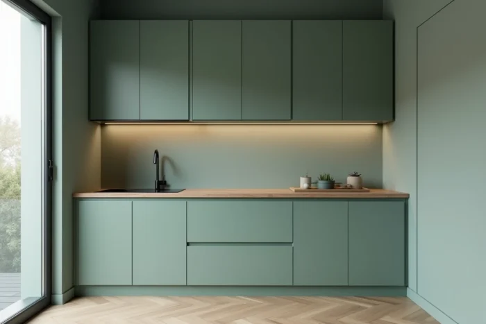 Façades de meubles de cuisine sans poignée peintes dans le même ton que les murs, créant une continuité visuelle qui fait disparaître les rangements