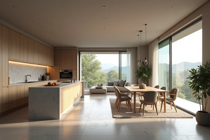 Cuisine ouverte sur le salon avec une ligne visuelle horizontale complètement dégagée à hauteur des yeux, sans meuble haut interrompant la perspective