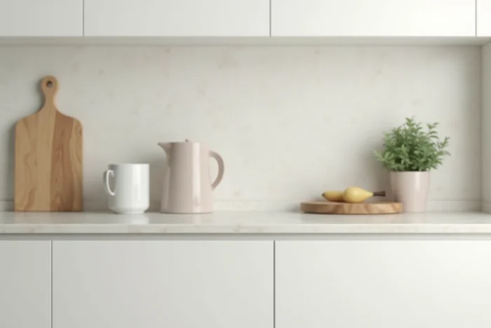 Plan de travail de cuisine épuré avec seulement trois objets choisis : une carafe en céramique, une planche en bois et une plante aromatique