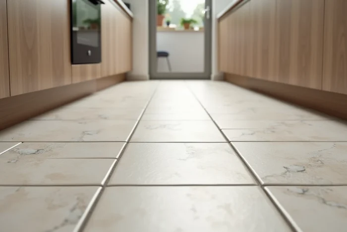 Sol en grand format de carreaux en pierre claire posés en continu dans une petite cuisine, créant une ligne visuelle ininterrompue qui agrandit l'espace