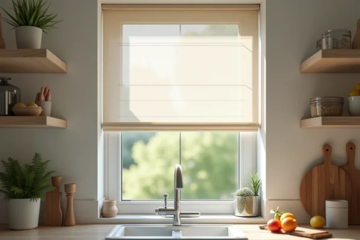 Store transparent en voile de lin à une fenêtre de petite cuisine, laissant passer la lumière naturelle et la vue sur l'extérieur plutôt qu'un rideau opaque