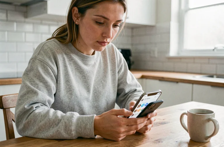 Jeune femme consultant ses demandes d'abonnement Instagram sur son smartphone dans une cuisine moderne