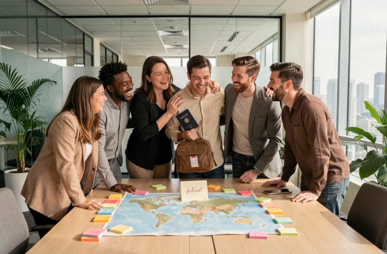 Groupe de collègues souriants réunis autour d'une table pour fêter le départ d'un collègue à l'étranger