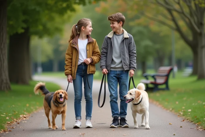 Deux adolescents promenant chacun un chien en laisse dans un parc urbain, illustrant le dog-sitting en groupe pour jeunes mineurs