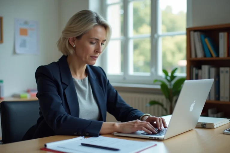 Directrice d'école primaire consultant le livret scolaire unique LSU sur son ordinateur dans son bureau administratif
