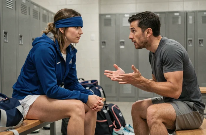 Joueuse de cécifoot en discussion tactique avec un coéquipier dans un vestiaire sportif après l'entraînement