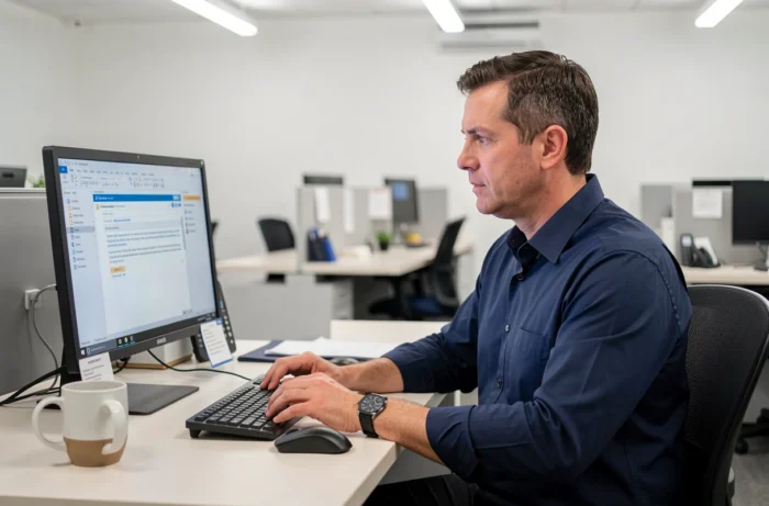 Employé municipal configurant sa messagerie sur le webmail de Créteil depuis un poste de travail de bureau