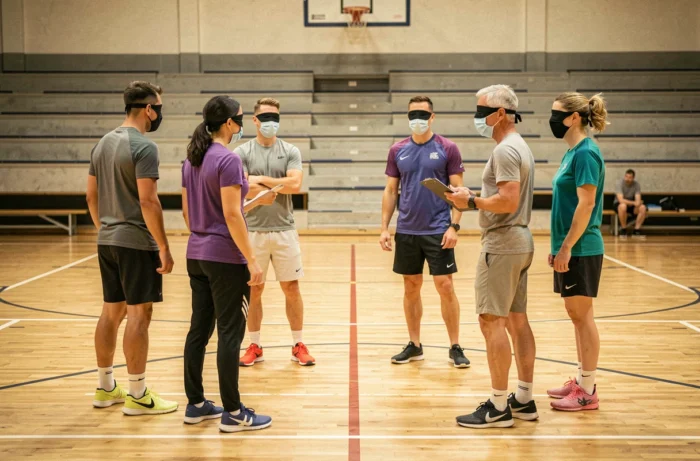 Groupe mixte d'adultes voyants et malvoyants lors d'un entraînement de cécifoot encadré par un coach