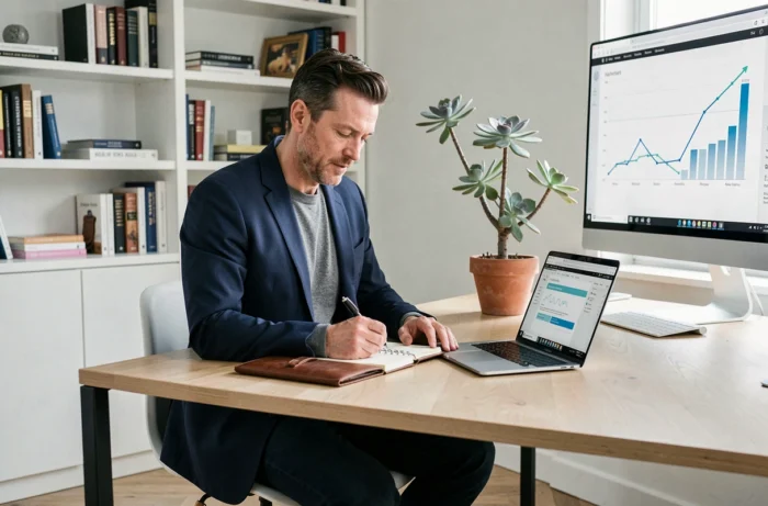 Empreendedor em blazer trabalhando em um plano de negócios em um escritório em casa moderno e minimalista