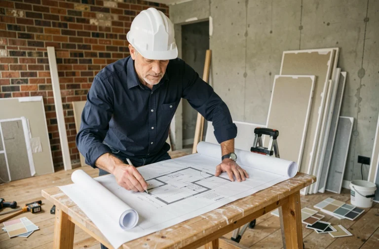 Entrepreneur en rénovation immobilière examinant des plans architecturaux dans un appartement en cours de travaux