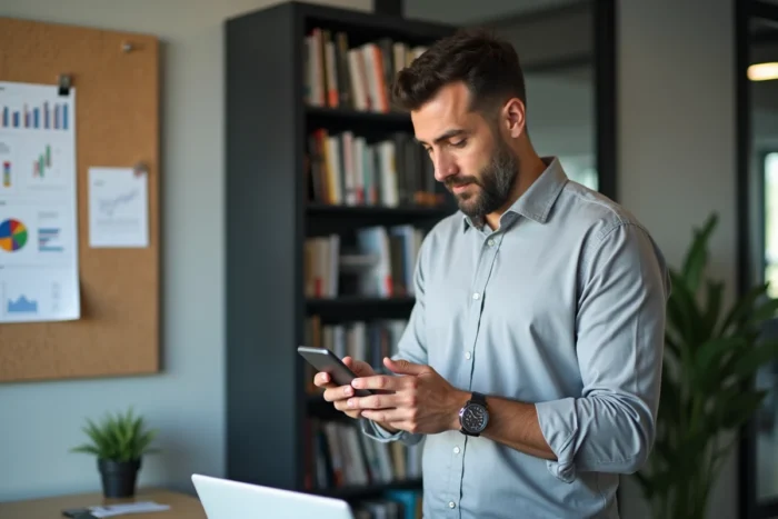 Entrepreneur analysant une stratégie d'entreprise dans un bureau privé moderne, symbolisant l'accompagnement professionnel offert par Rennes 17h20