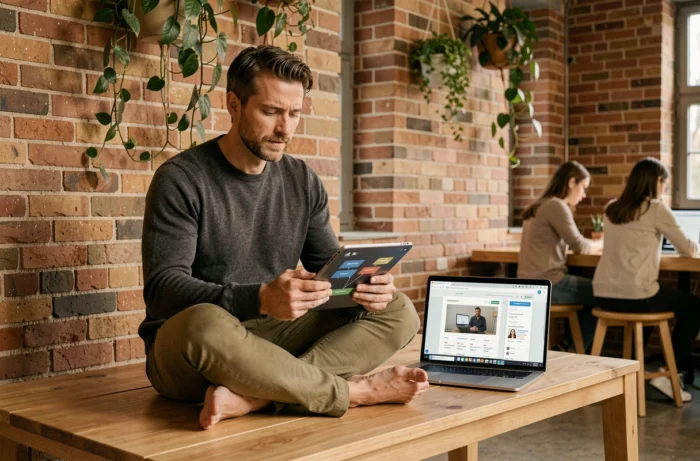 Entrepreneur masculin utilisant une tablette pour concevoir des solutions numériques innovantes dans un espace de co-working chaleureux