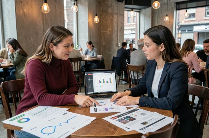 Deux femmes entrepreneures analysant les données de lancement d'une boutique en ligne dans un café urbain