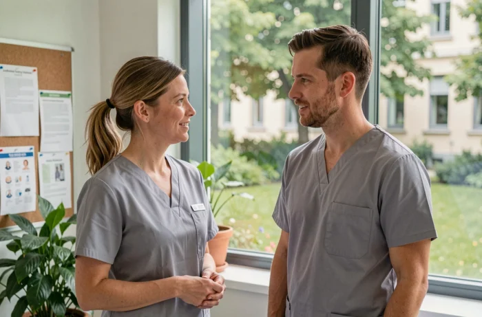 Deux aides-soignants en discussion professionnelle dans un établissement de santé au Luxembourg