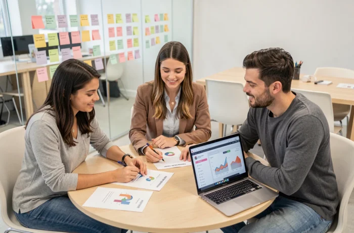 Équipe de jeunes professionnels collaborant sur une stratégie de développement business en ligne dans une salle de réunion moderne
