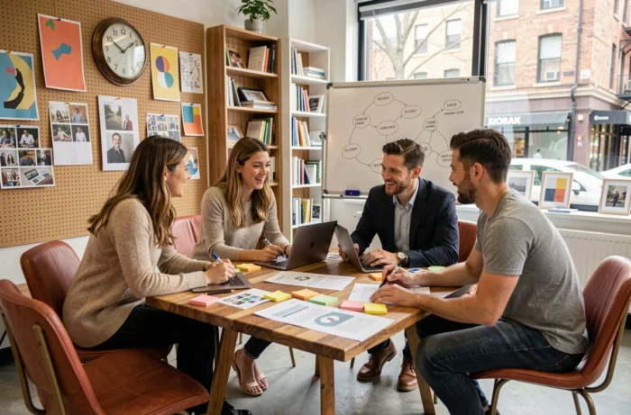 Équipe créative diverse collaborant sur une stratégie de communication avec supports imprimés et tableau blanc dans un studio agence