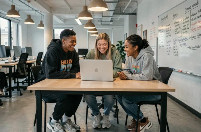 Équipe de créatrices de contenu collaborant autour d'un ordinateur portable dans un espace de co-working tendance