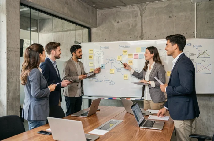 Equipe de jovens empreendedores em uma sessão de brainstorming em torno de um quadro branco em um incubador de startups