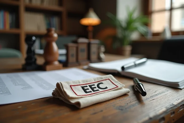 Étiquette de qualité EEC cousue sur du lin naturel avec documents de certification et cachet officiel sur bureau en chêne