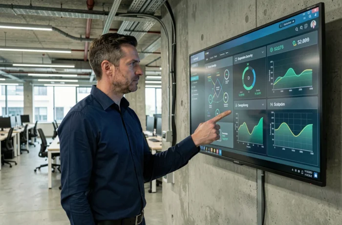 Professionnel en cybersécurité analysant un tableau de bord de sécurité réseau dans un bureau moderne