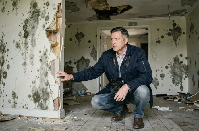 Expert immobilier inspectant une maison abandonnée avec fissures et moisissures pour constituer un dossier de preuve d'inhabitabilité fiscale