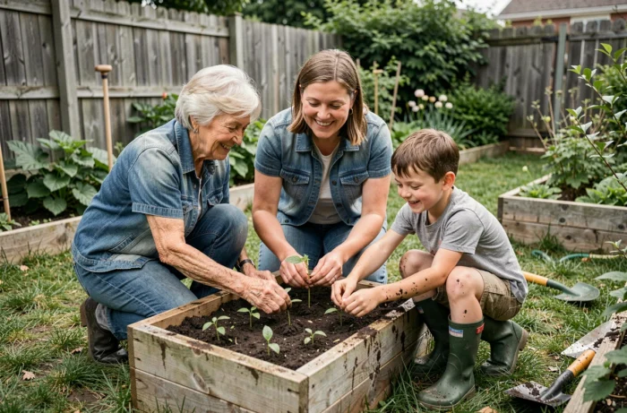 Famille multigénérationnelle jardinent ensemble dans le jardin, activité en plein air pour enfants