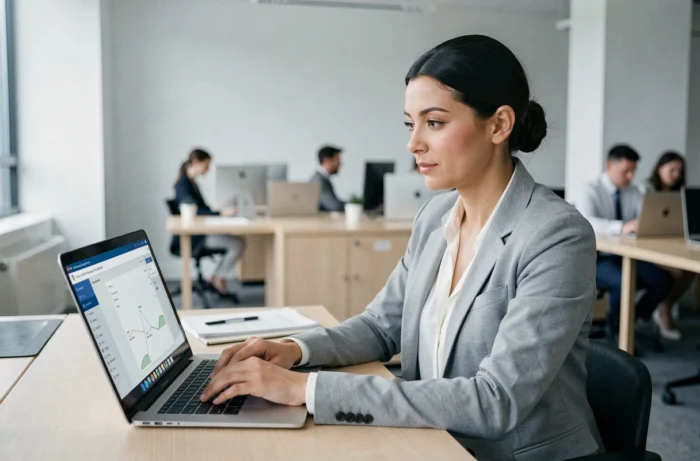Femme professionnelle accédant à une plateforme de gestion de travaux sur son ordinateur portable dans un bureau moderne