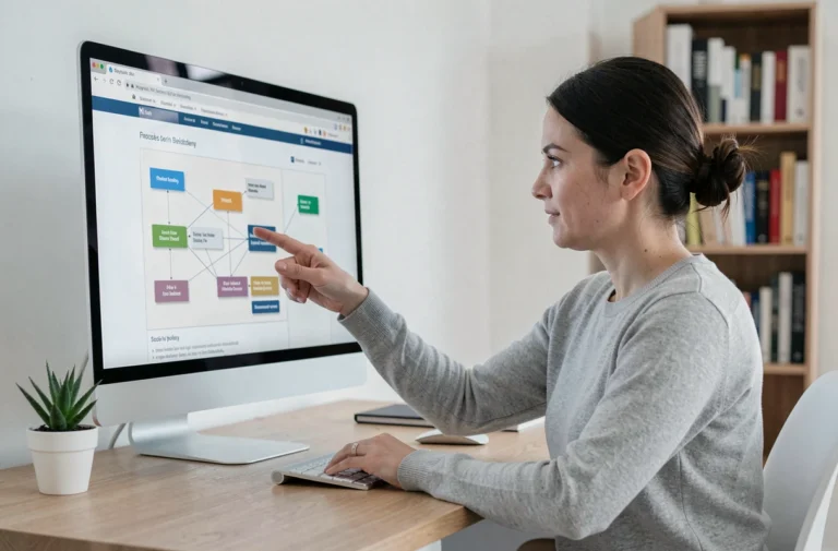 Une femme professionnelle analyse la structure d'un site web et sa sitemap sur un écran d'ordinateur dans un bureau moderne