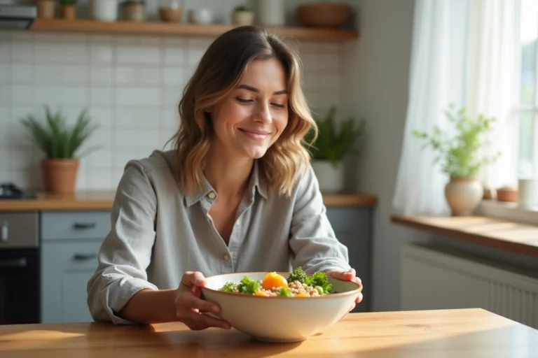 Femme mangeant un bol de légumes colorés pour couper l'appétit et favoriser une alimentation saine