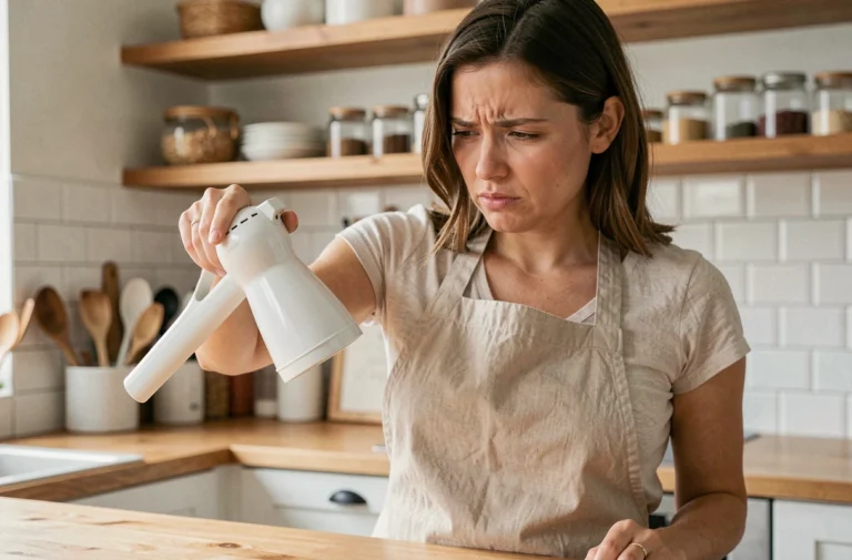 Femme tenant une bombe de chantilly bloquée au-dessus d'un comptoir de cuisine en tentant de débloquer la valve
