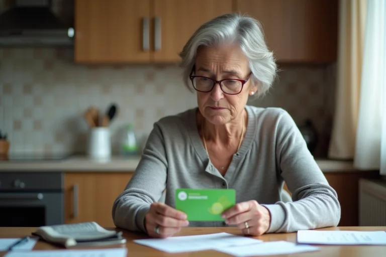 Femme tenant sa carte Vitale et vérifiant ses droits ALD à la maison