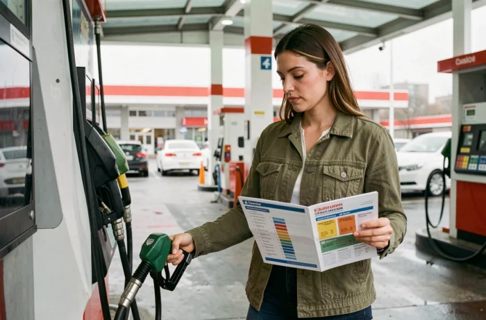 Woman comparing fuel types at a gas station pump while consulting a reference guide