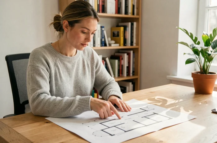 Femme consultant un plan architectural imprimé dans un bureau à domicile moderne pour mieux naviguer sur une plateforme habitat