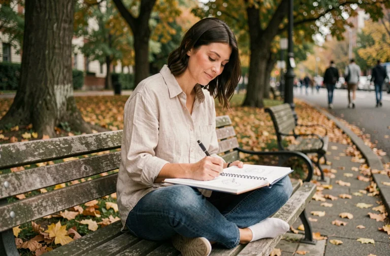 Femme dessinant dans un carnet dans un parc en automne, activité créative de loisir en plein air