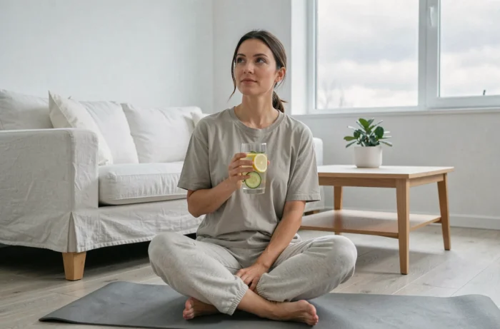 Femme buvant de l'eau infusée au citron et concombre sur un tapis de yoga dans un salon épuré pour une hydratation saine et minceur