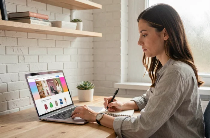 Femme entrepreneur travaillant sur le lancement de sa boutique en ligne depuis un bureau à domicile moderne