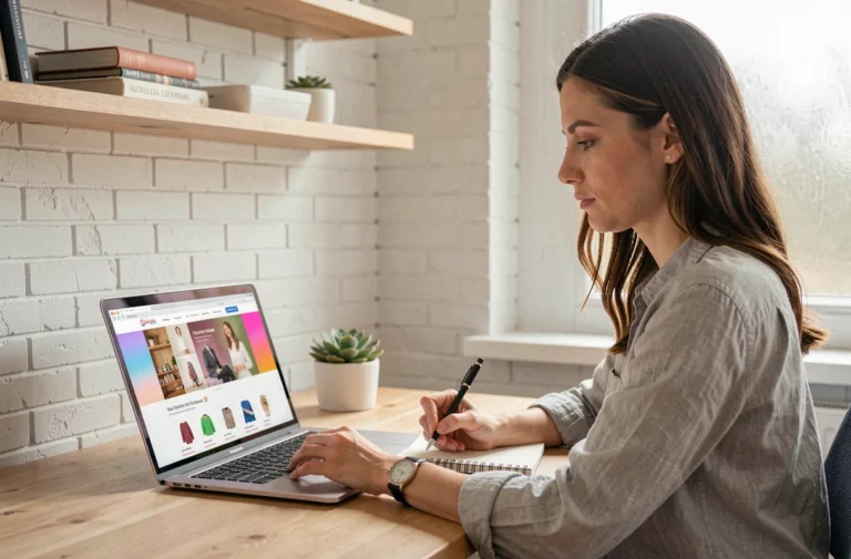 Femme entrepreneur travaillant sur le lancement de sa boutique en ligne depuis un bureau à domicile moderne