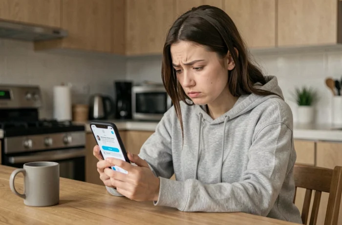 Femme frustrée regardant une erreur de connexion sur Messenger Facebook depuis son smartphone dans une cuisine moderne