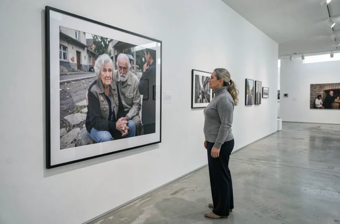 Femme contemplant une photographie autobiographique encadrée dans une galerie d'art contemporain aux murs blancs