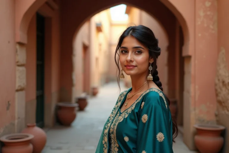 Jeune femme indienne en salwar kameez brodé dans une ruelle traditionnelle de Jaipur, sourire naturel et tresse ornée de jasmin