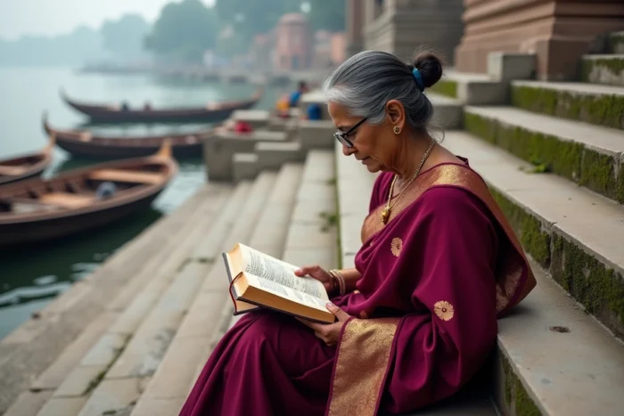 Femme indienne d'âge mûr en sari Banarasi bordeaux lisant sur les ghats de Varanasi, reflet de la diversité et de l'élégance naturelle