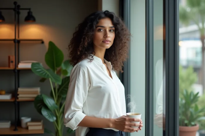 Femme indienne professionnelle moderne en kurta blanc dans un espace de coworking à Bangalore, expression assurée et cheveux bouclés naturels