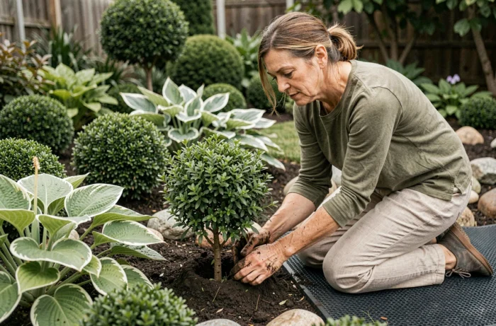 Frau mittleren Alters, die einen Zierstrauch in ein sorgfältig gestaltetes Blumenbeet pflanzt